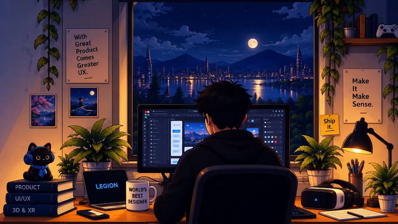 Pixel-art illustration of Akshay at his desk at night, lit by a desk lamp, with the monitor glowing and the city lights and moon outside the window.